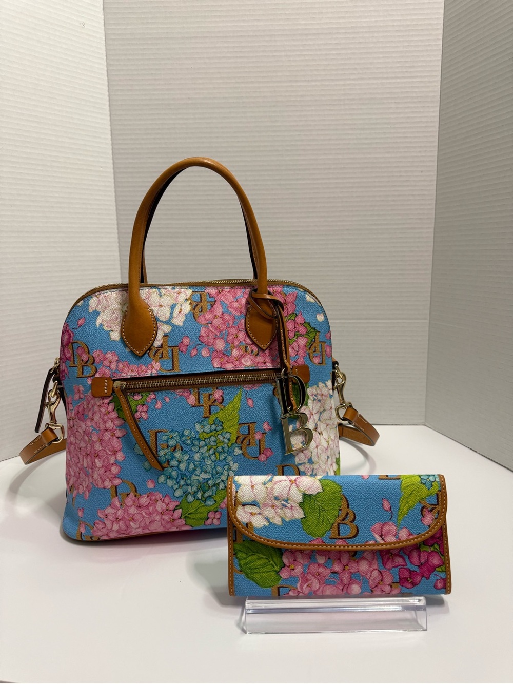 Dooney & Bourke Blue Hydrangea Monogram Celeste Satchel & Matching Wallet